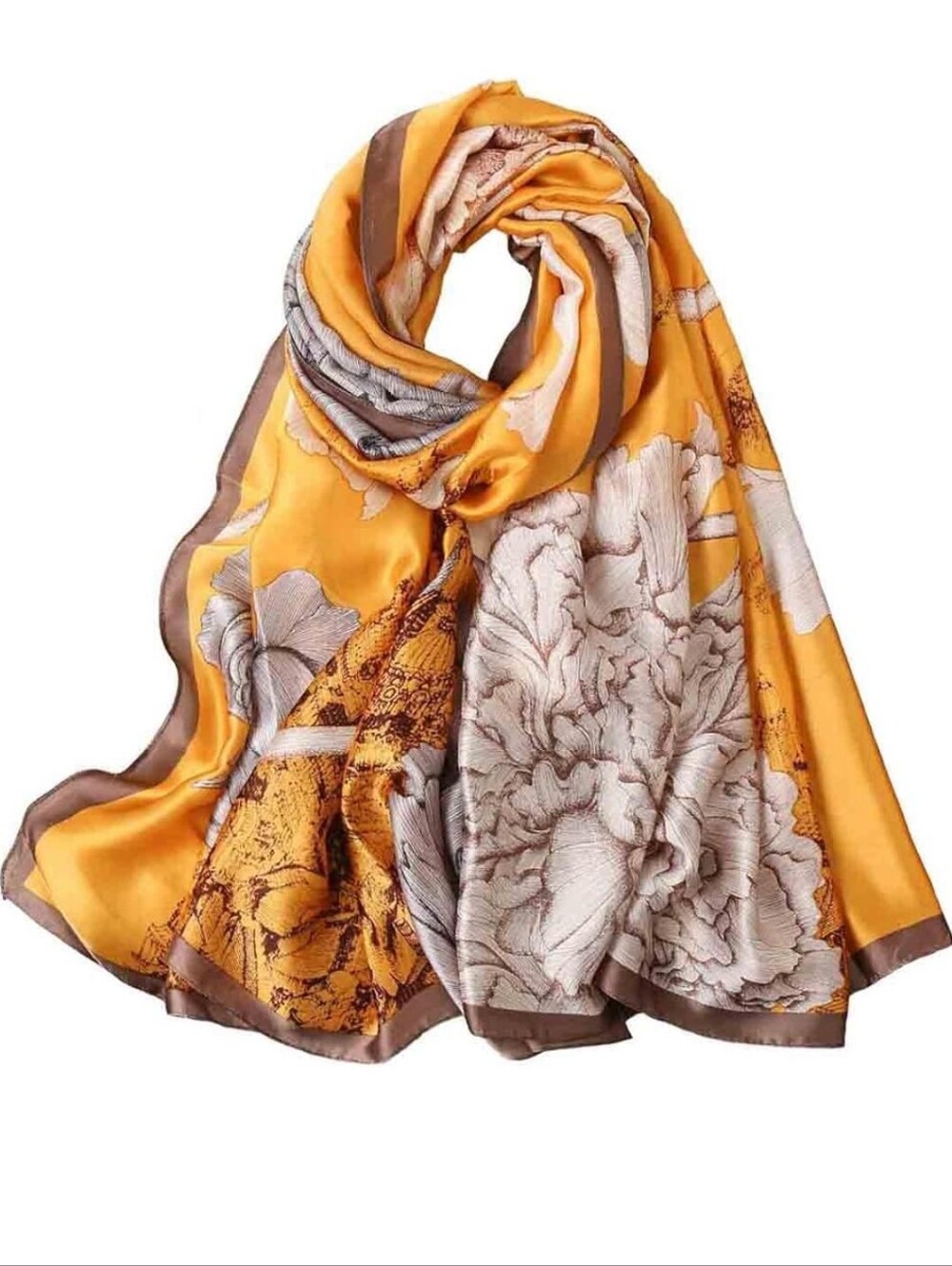 Elegant Floral Silk-Feel Scarf in Mustard Yellow